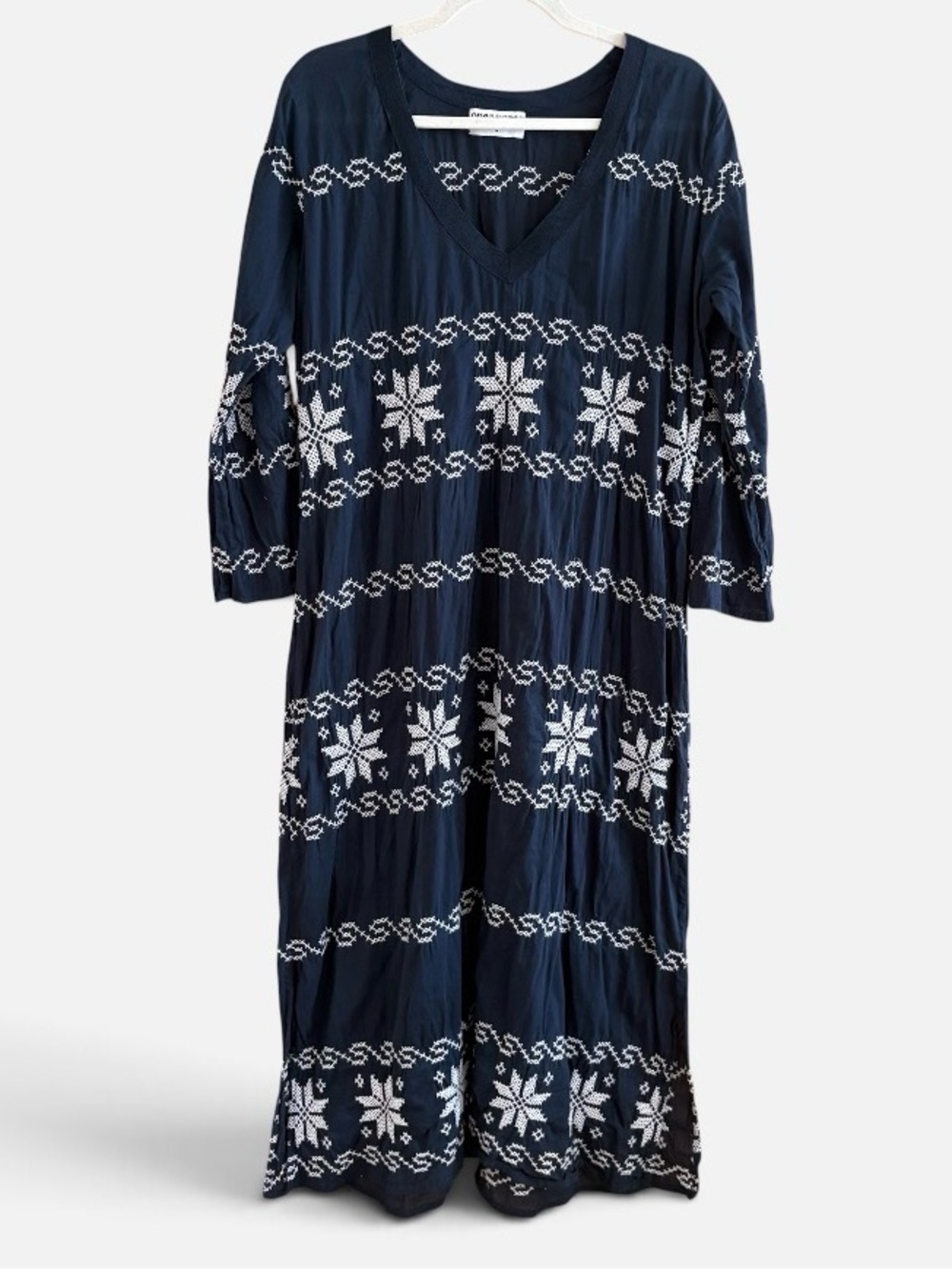 One Season Australia Embroidered Navy V-Neck Maxi Dress White Folk Motif
